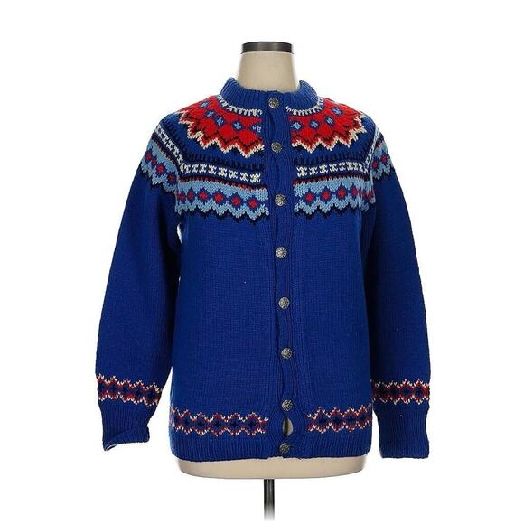 VTG Norse Knit Blue Fair Isle Red White Blue Cardigan Wool XL - Picture 1 of 3